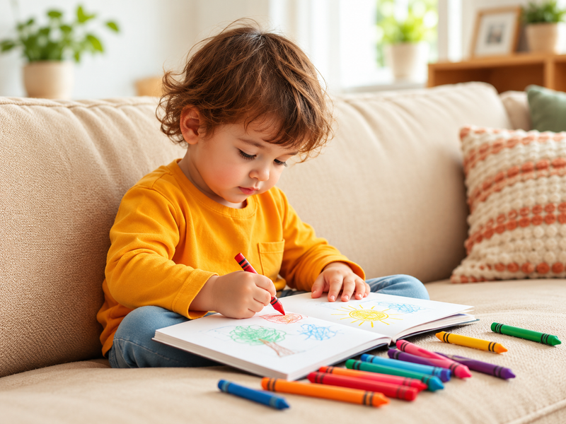 Enfant qui dessine sur un canapé beige